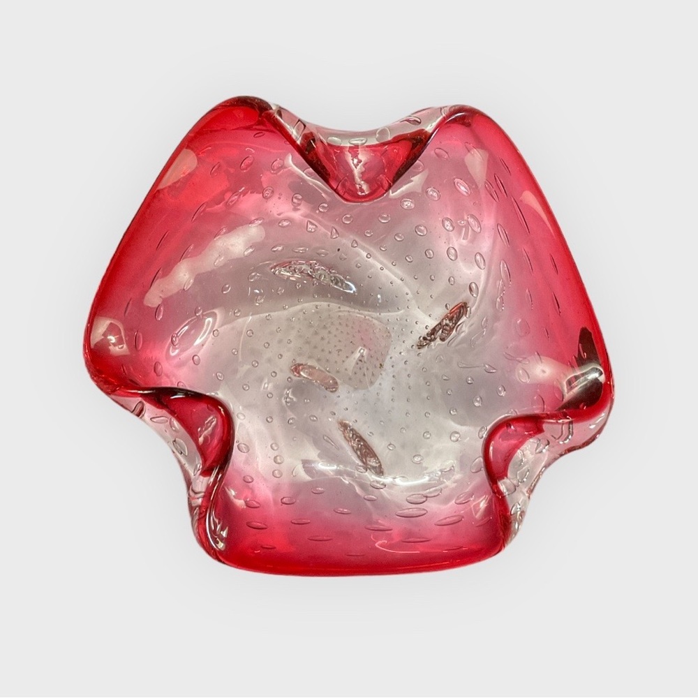 Vintage Murano art glass bowl / ashtray cranberry & clear with bubbles